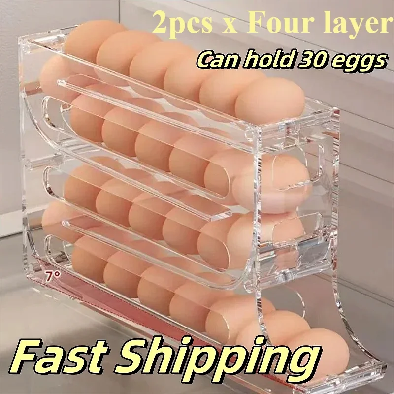 2 pezzi dispositivo di archiviazione automatico per uova roll-out scatola di immagazzinaggio per frigorifero domestico scatola per uova può contenere 30 uova cremagliera per uova di alta qualità