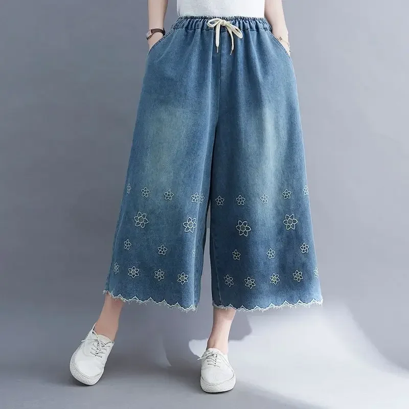 Women Wide-legged Pants Denim Short Pants  Embroidery Casual Trouser Woman Clothing High Waisted Loose Fit Casual Solid Design