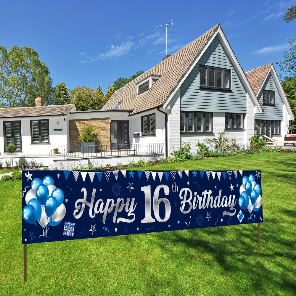 Blue and silver 16th birthday banner decorations, boys 16th birthday courtyard banner marks sweet 16th birthday background