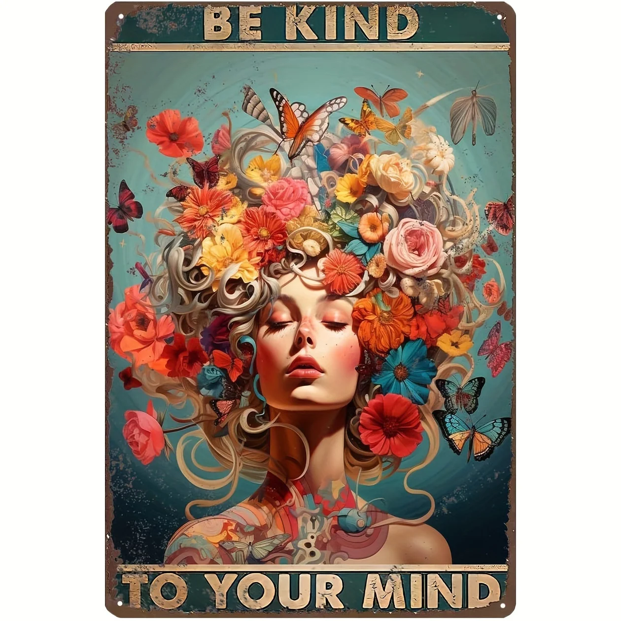 Vintage Metal Wall Art -  Tin Sign, , English, Be Kind to Your Mind, Floral Woman, for Room Aesthetic