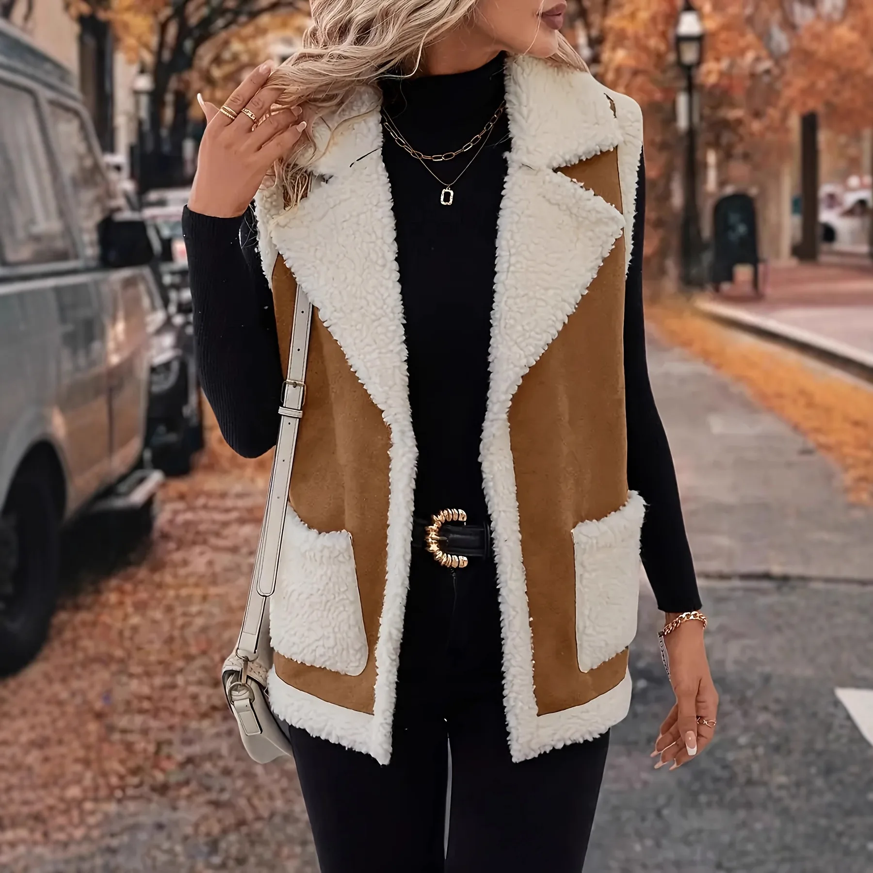 

Жилеты из искусственного меха ягненка с короткими лацканами, кожаное и меховое плюшевое пальто без рукавов, черные меховые куртки в стиле пэчворк, зимние теплые пушистые кардиганы