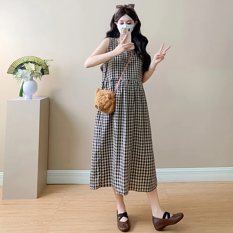 Maternity Dress Summer 2026 Black and White Plaid Sleeveless Dress with Pockets for Pregnant Women Minimalist Versatile