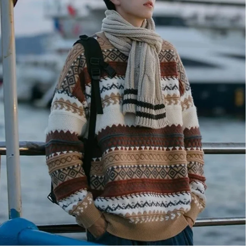 

Зима-Осень, новый стильный мужской рождественский свитер с круглым вырезом, японский винтажный полосатый вязаный свитер, свободная верхняя одежда для ленивых