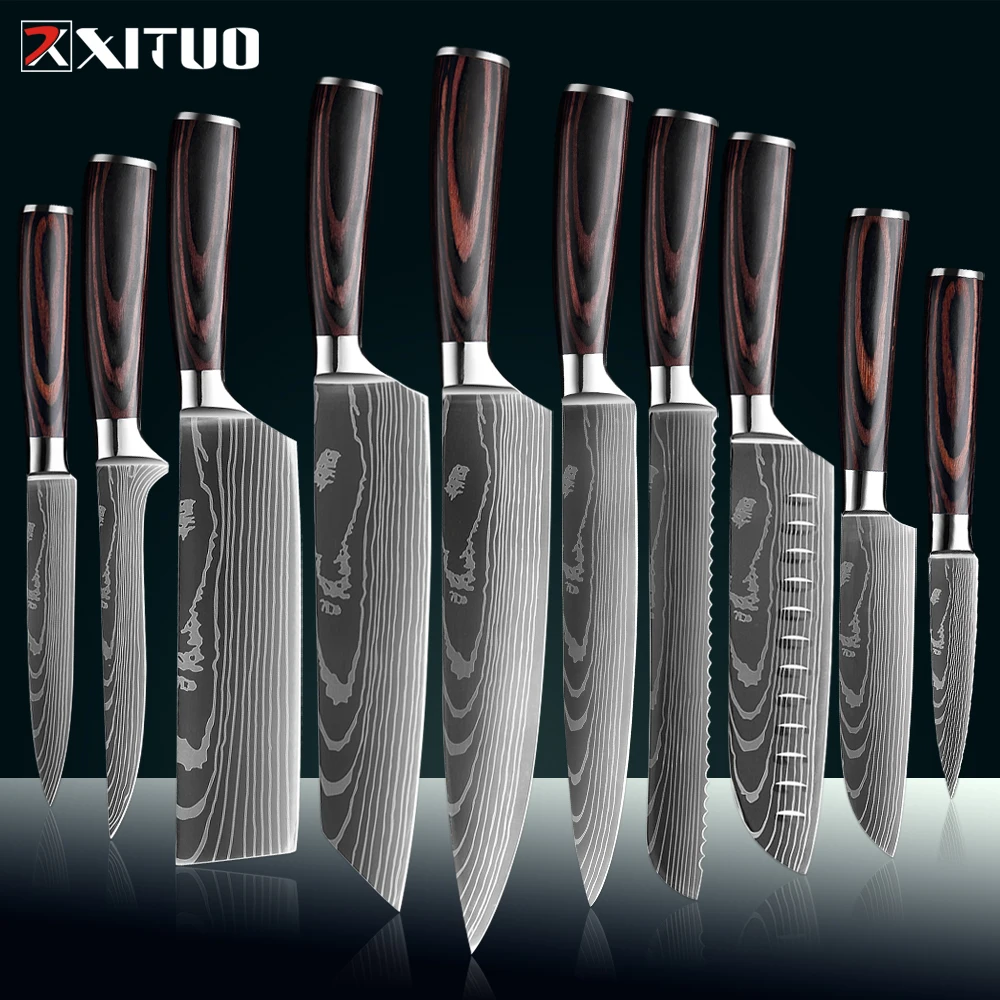 XITUO 1-10PCS Kitchen Knife Set Laser Damascus Pattern  Chef knife Ultra-Sharp Santoku Knife Cleaver Slicing Utility Fruit Knife