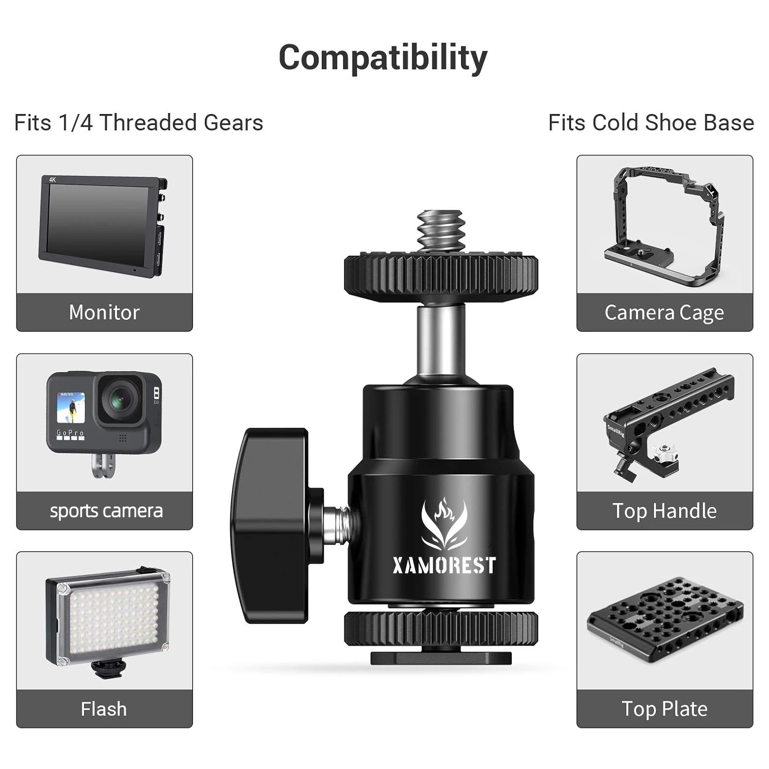 دعامة أحذية باردة للكاميرا من XAMOREST، رأس كروي مع محورين، تأتي مع براغي مقاس 1/4 بوصة