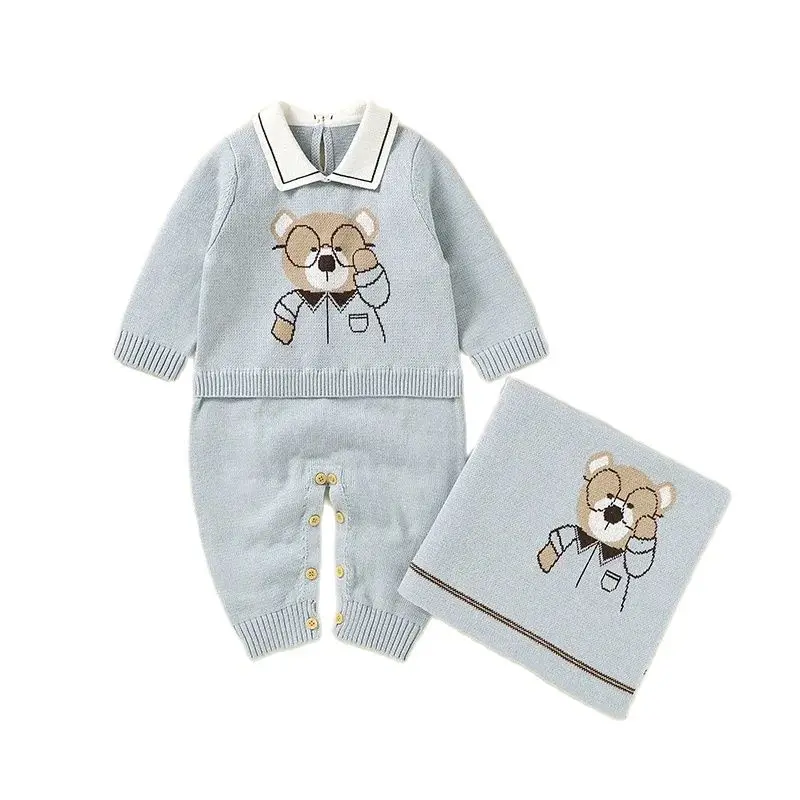 Boys Girls Jumpsuits+Blankets Outfits Sets 0-18m Infant Netural Costume Baby Rompers Cotton Turtle Neck Long Sleeve Knit Newborn