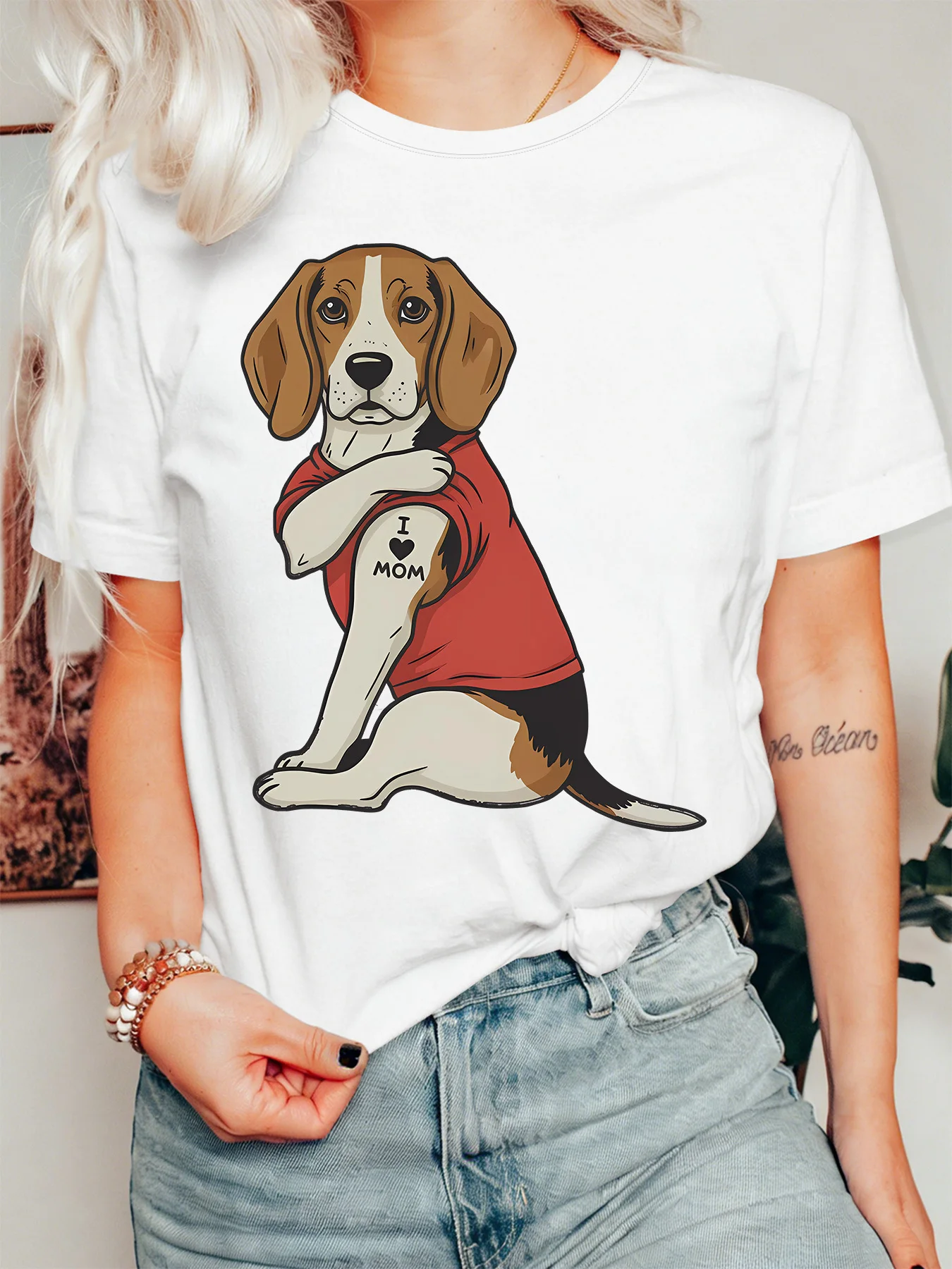 Funny Tattoo Beagle Womens T Shirt I Love Mom Slogan Cute Pet Dog Cartoon Graphic Tee Short Sleeve Casual Party Ladies Tops