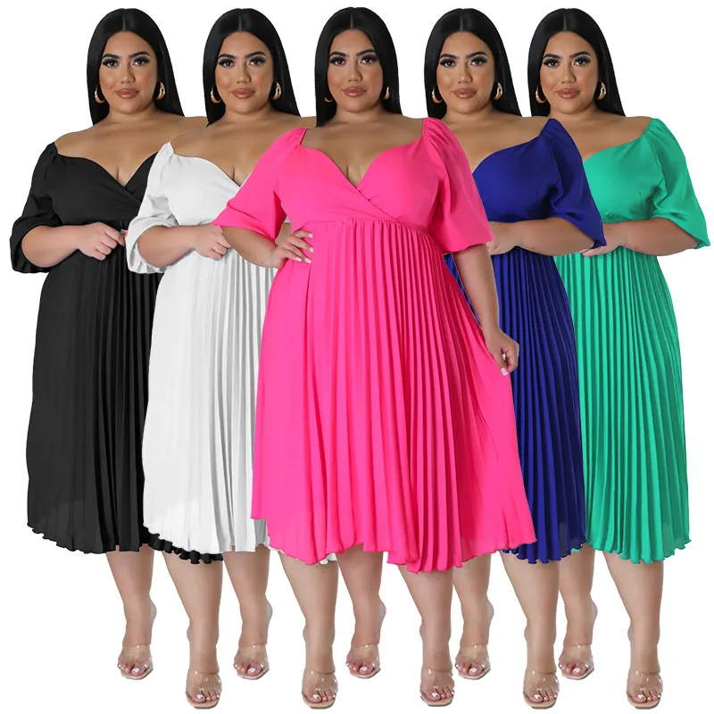 Plus Size Women Pleats Dress for Party Sexy V Neck Short Sleeves High Waist Solid Elegant Lady Dresses Summer 4XL