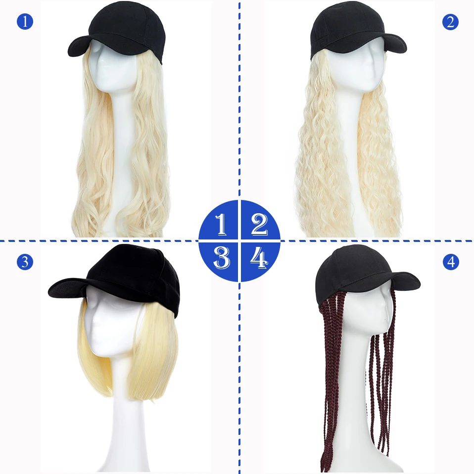 Benehair Synthetic Fluffy Natural Wavy Hair Wigs Cap Straight Baseball Wig Bob Wig Kinky Curly Adjustable Hat Wig Cap With Hair