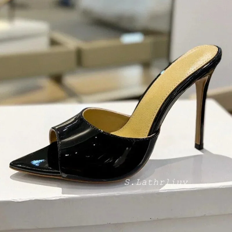 2025 Summer Patent Leather Pointed Toe High-Heeled Slippers Women's Simple Versatile Thin High Heel Sandals Party Dress Shoes