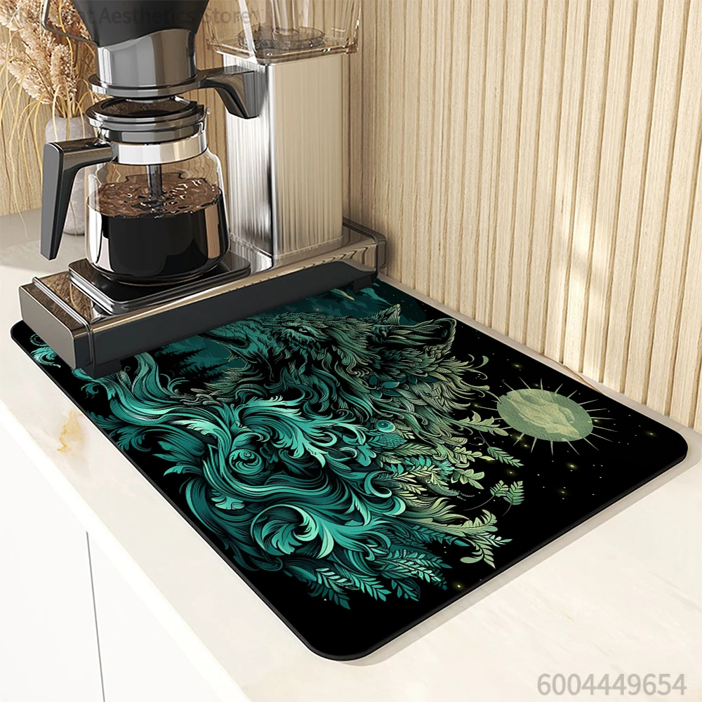Coffee Tablewear Drain Pad Wolf Plant Bathroom Square Absorbing Anti-slip Dry Mat  Placemat Dishes Cup Splash Proof Drainer
