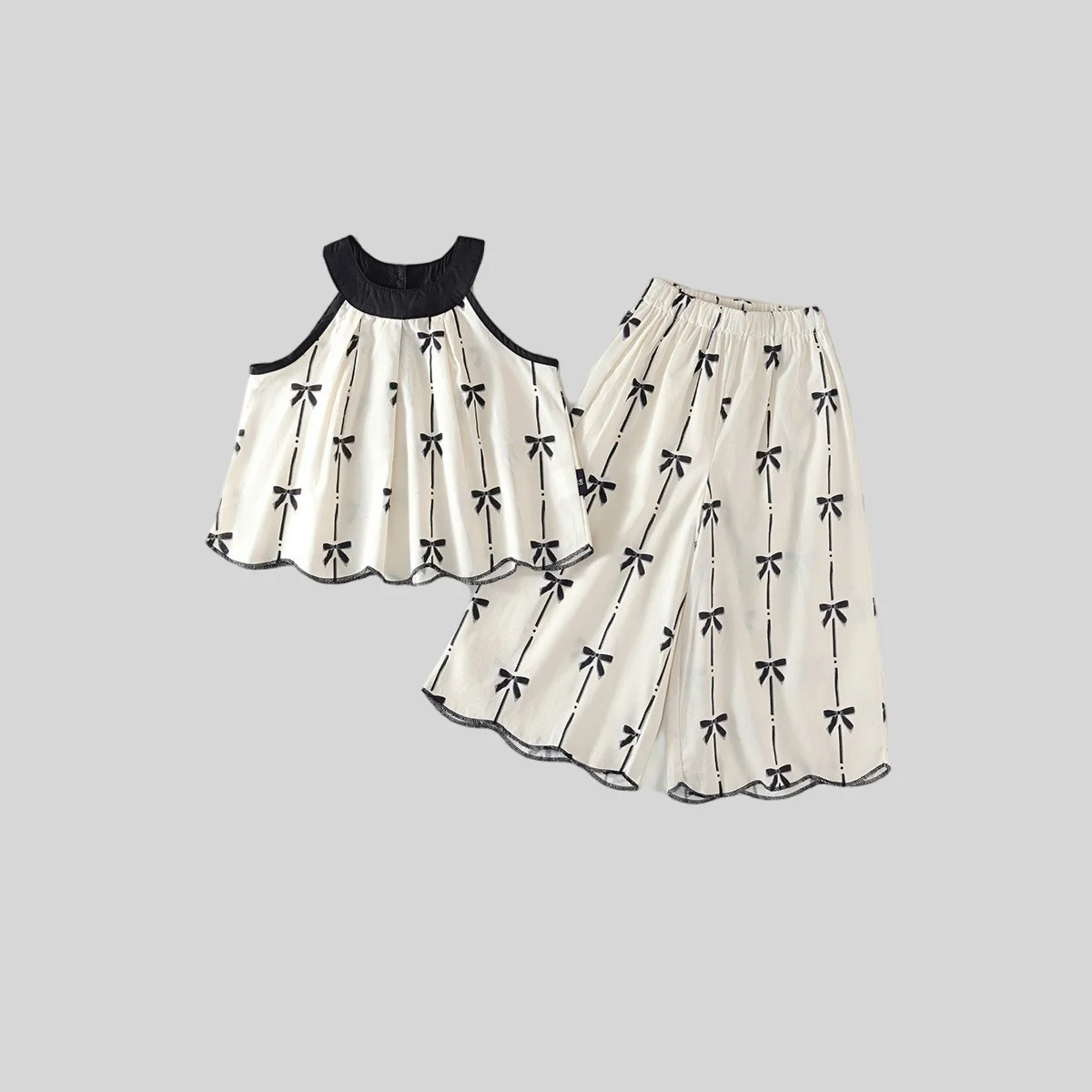 2025 Summer New Girls’ Pure Cotton Two-Piece Set – Korean Style Bowknot Sleeveless Halter Top & Wide-Leg Loose Pants