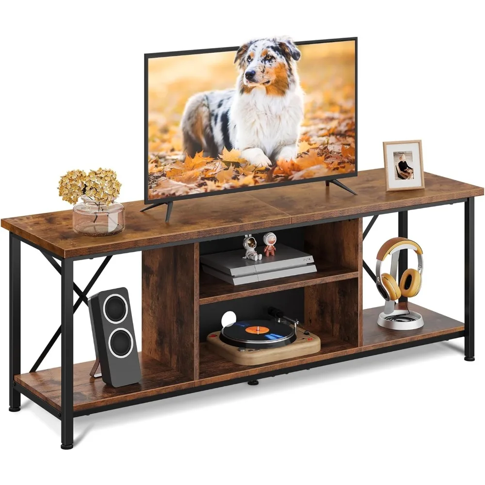 

55" Entertainment Center, Industrial TV Console with Open Storage Shelf for Living Room and Bedroom, Rustic Brown