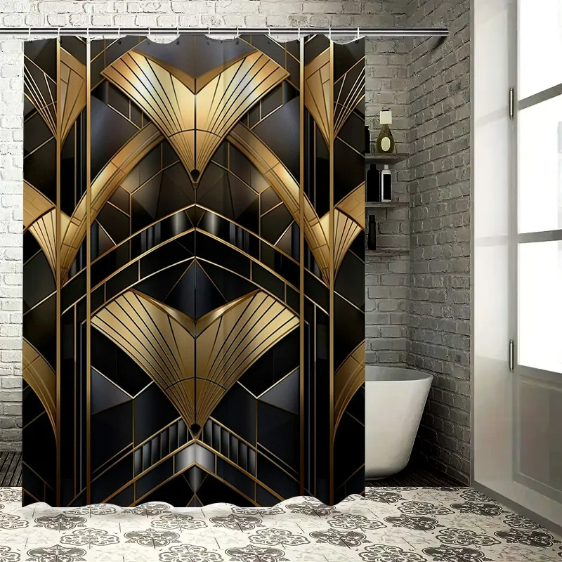 

Art Deco Shower Curtain Black Gold Geometric Print Waterproof Fabric Modern Bathroom Decor Size 72x84 Inch (183cm x 213cm)
