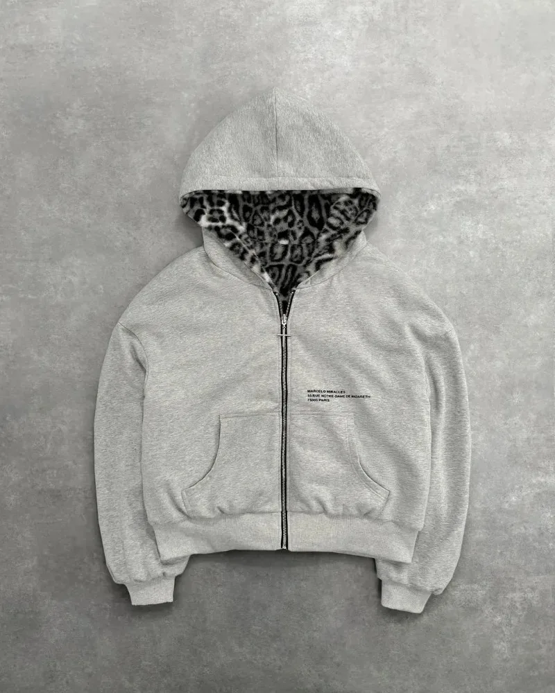 American Fashion Reversible Faux Fur Leopard Zipper Hoodie Mens