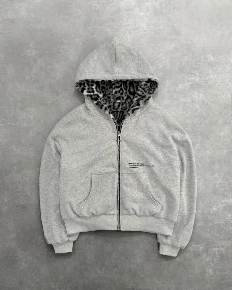 American Fashion Reversible Faux Fur Leopard Zipper Hoodie Mens