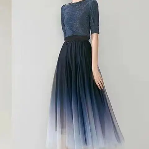 MEXZT Elegant Tulle Skirts Women High Waist Gradient Mesh Pleated Midi Skirt Korean Elastic Loose Casual All Match A Line Skirt
