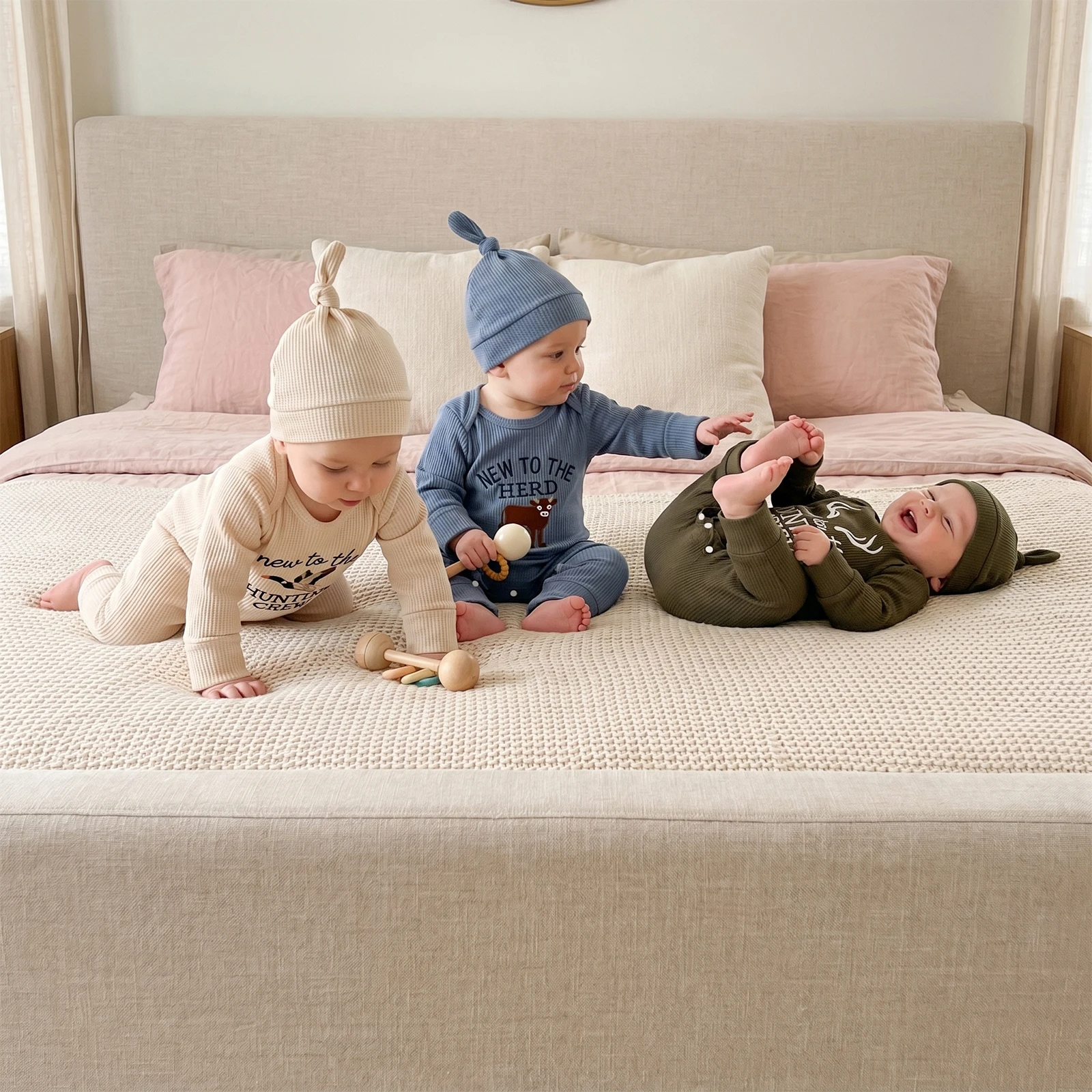 Baby Boy Fall Romper Letter Animal Embroidery Long Sleeve Crew Neck Waffled Jumpsuit with Hat 2 Piece Set