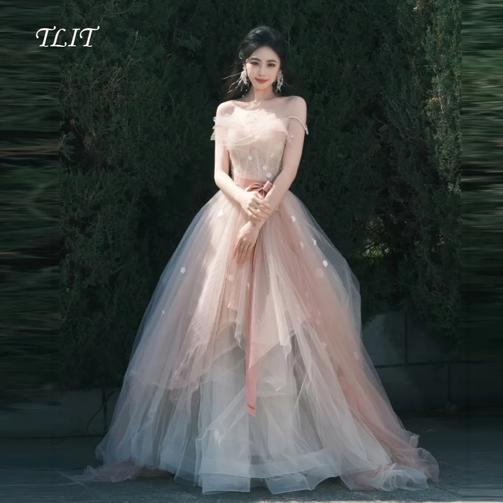 

TLIT Fairy Candy Color Silk Tulle Evening Dress Korea Wedding Dress Photo Shoot Off Shoulder Appliques Prom Gowns Customized