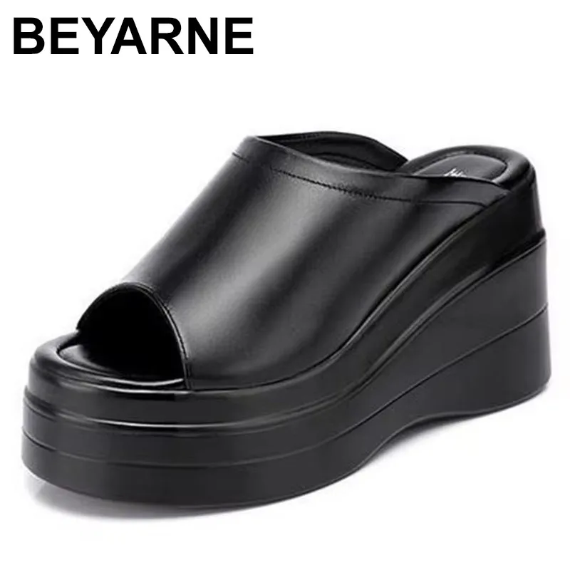 

Summer Genuine Leather Fish Mouth Shoes Wedges Slippers High Heels Increase Slippers Woman Elegance Fashion Slipper