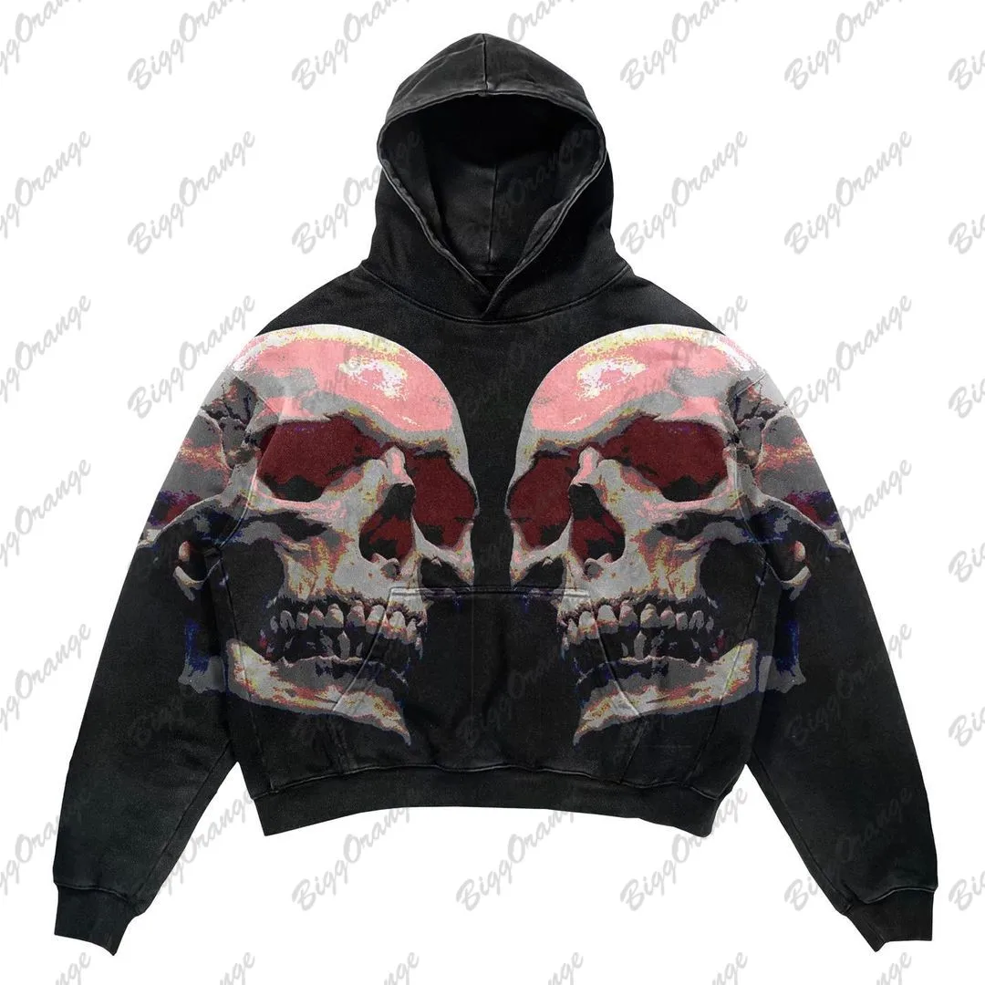 Y2K New Dark Oversize hoodie Skull Print High Street Hip-hop Retro Design Coat Thickened Top sudaderas para mujer  harajuku