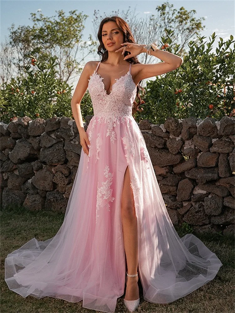 

A-Line Prom Dresses Elegant Dress Engagement Floor Length Sleeveless V Neck Tulle with Pleats Pattern Print Appliques 2023