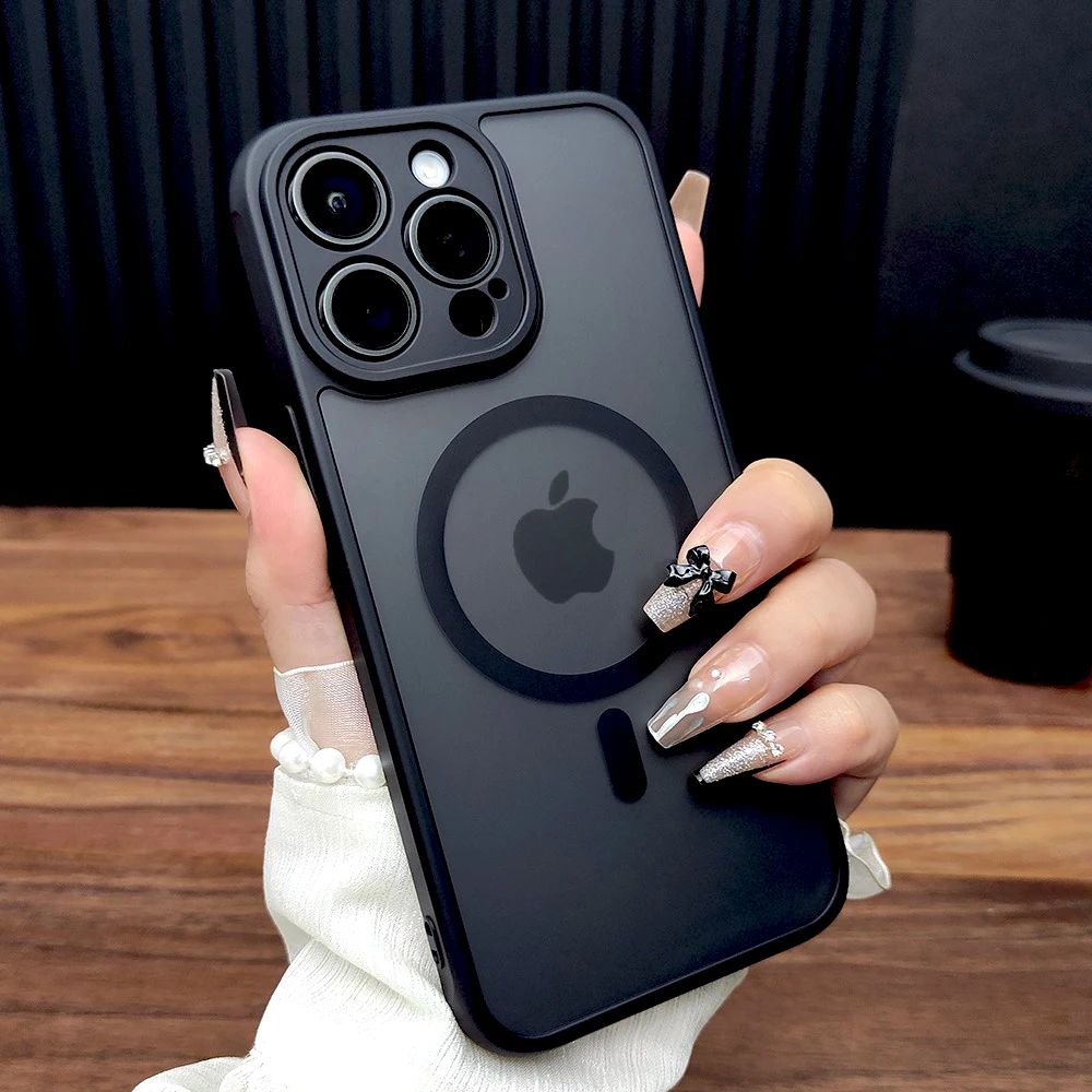 حافظة صلبة فاخرة غير لامعة لهاتف آيفون 16 15 14 13 12 Pro Max 16Pro لهاتف Magsafe Mag Safe شحن لاسلكي مضاد للبصمة غطاء أسود