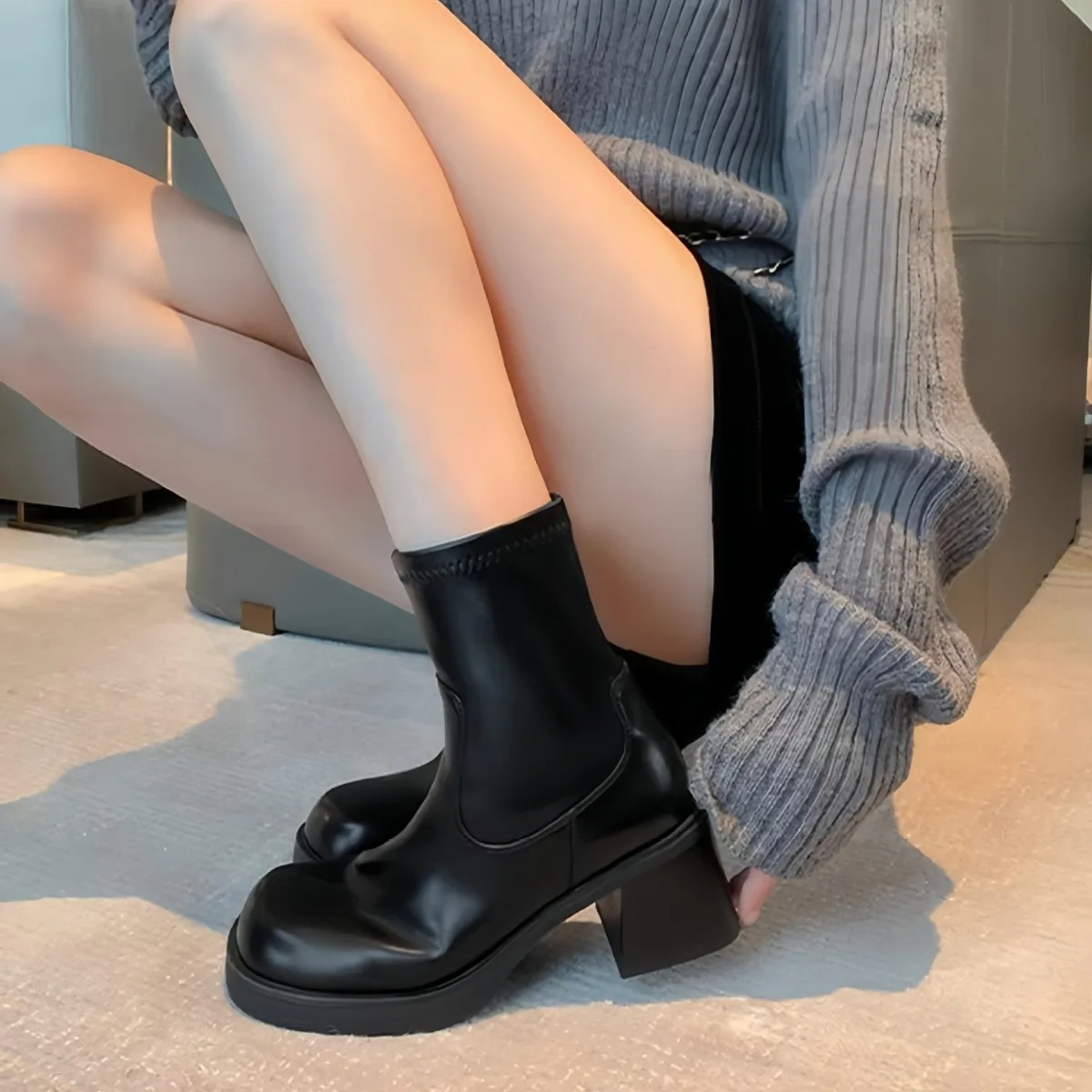 

Black Leather Botas Para Dama Square Toe Side Zipper Ankle Boots For Women Platform Chunky High Heels Heighten Mature Shoes Lady