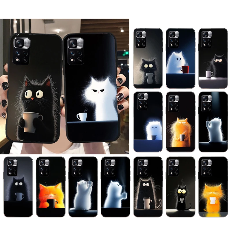 Caricature cat with a mug Phone Case For Xiaomi Redmi note 13 12 Pro 11S 11 10 Pro 10S 12S Redmi 13 14C 10 13C