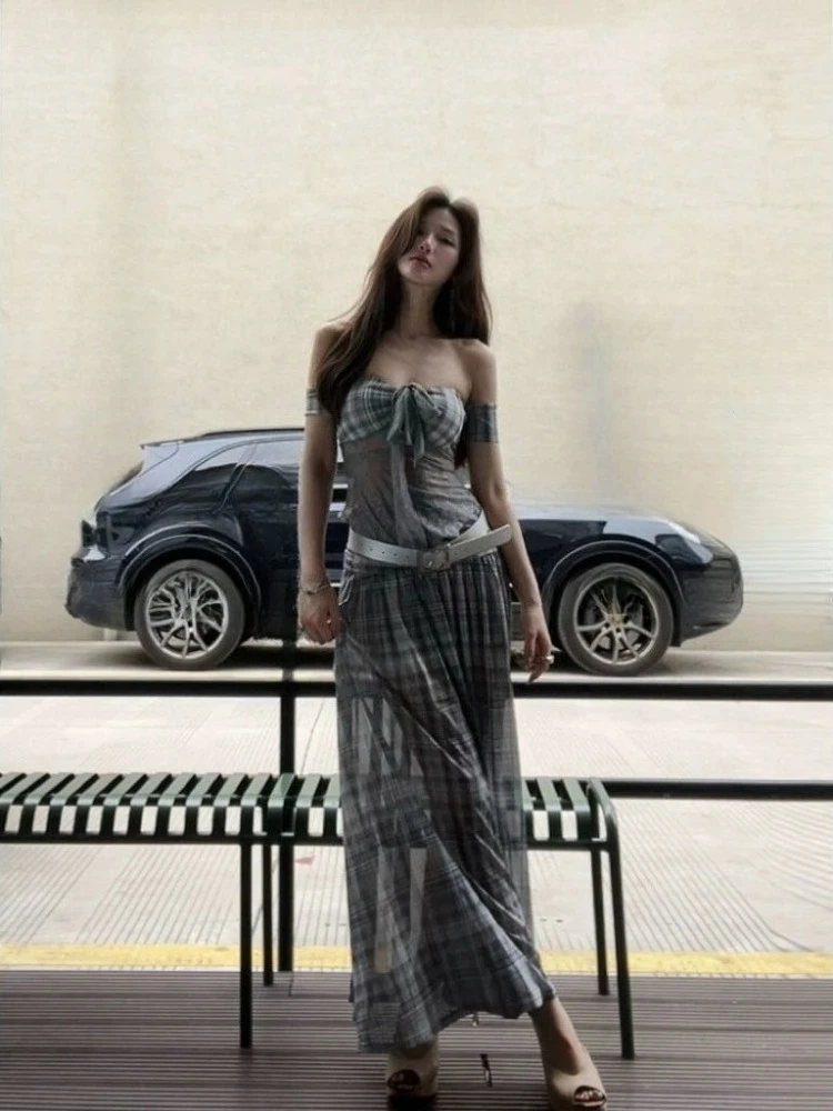 

Subculture Y2K Корейская мода клетчатая юбка из 2 предметов 2000-х годов с бантом Тонкие топы с короткими рукавами + элегантные длинные юбки Винтажные костюмы Шикарные