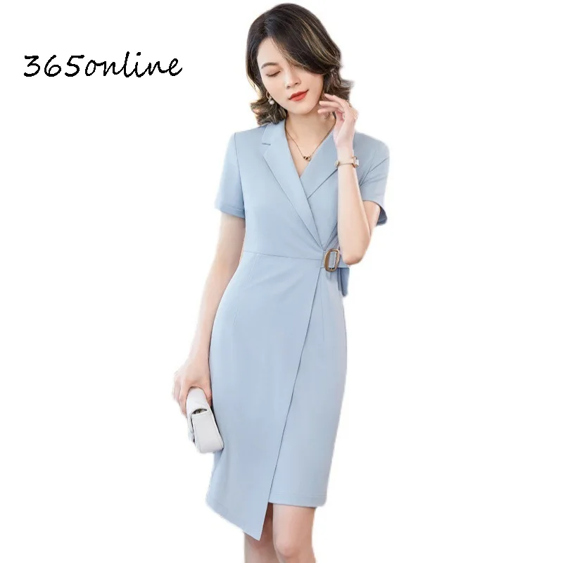 Summer Short Sleeve Women Dresses Elegant Blue Slim Hips OL Styles Business Work Wear Dress Ladies Vestidos Career Clothes