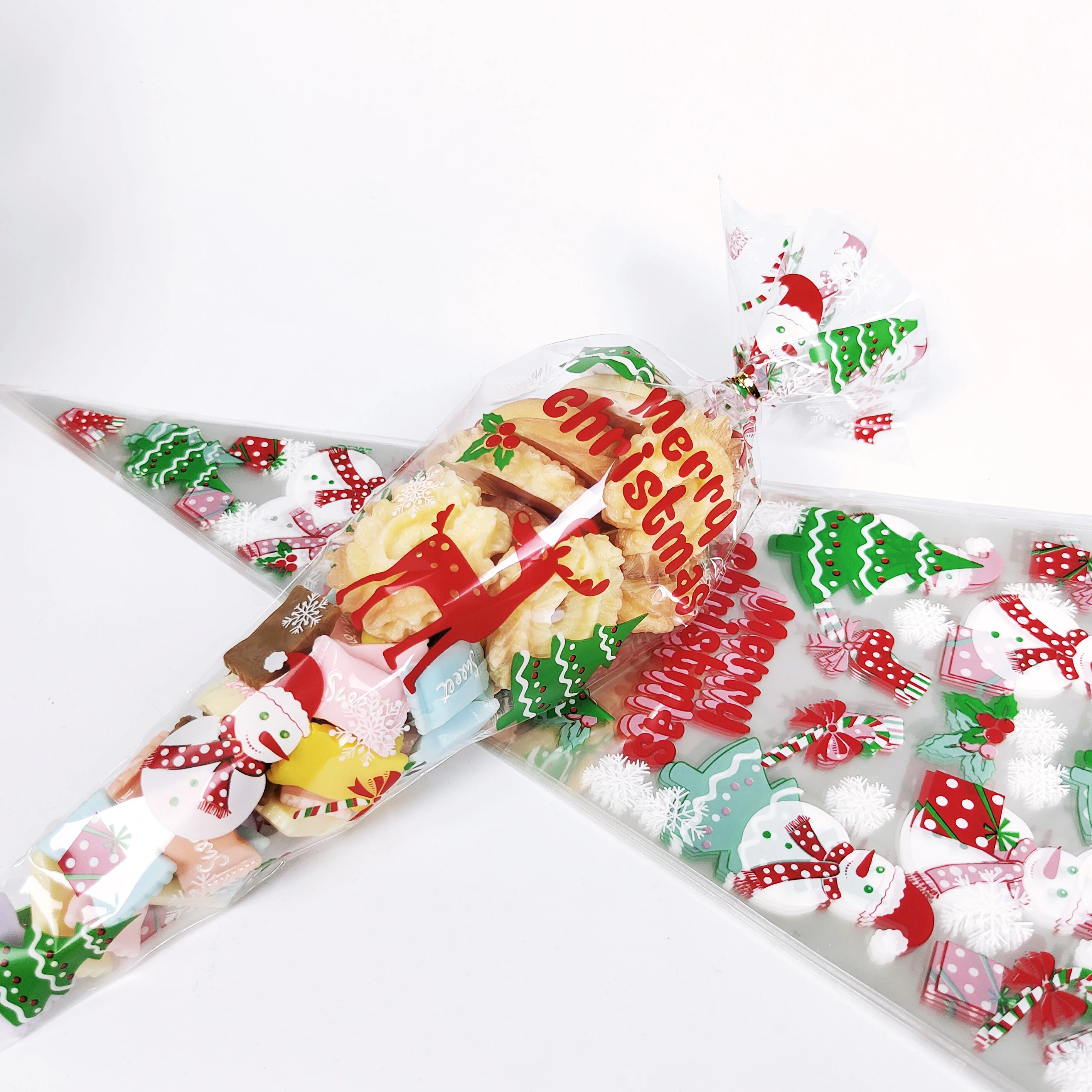 100 Stück Weihnachtsgeschenktüten Weihnachtsmann Schneeflocke Süßigkeiten Keks Kegel Tasche Kunststoff Xmax Verpackung Lieferungen Weihnachtsdekoration 2024 – Detail 8