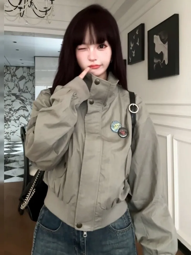 

Stand Up Collar Short Jacket Women Coats 2026 Spring Autumn New Design Casual Loose Japanese Retro Flying Female Jacket Tops