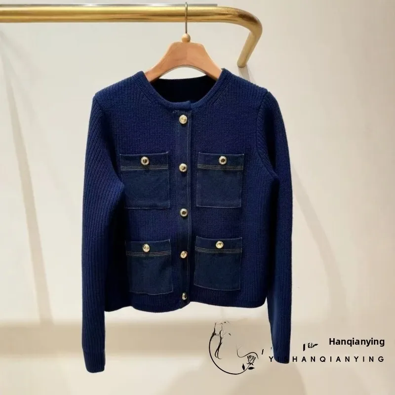 

Ранняя осень, повседневный джинсовый лоскутный круглый вязаный открытый кардиган, женский Faion French Sle с кеточками