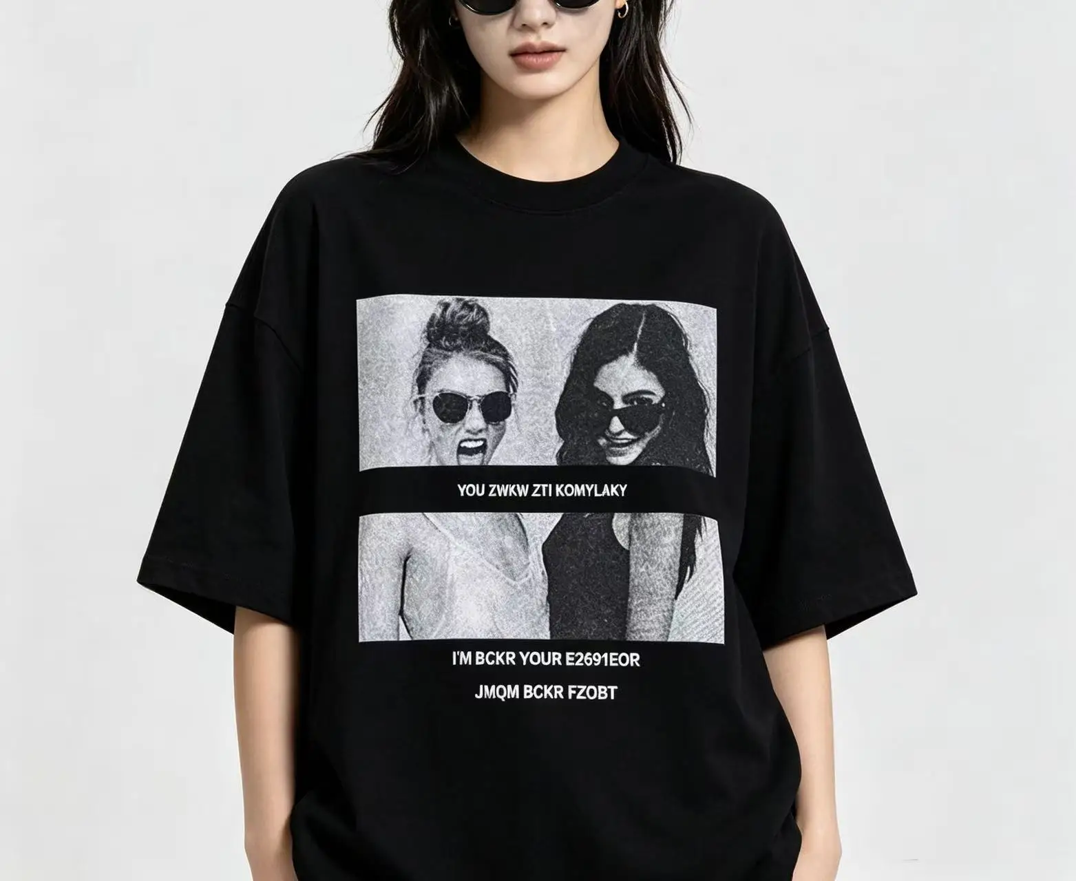 Unisex Black White Photo Frame Portrait Figure Text Slogan Graphic T‑Shirt Men Women Retro Aesthetic Print Oversized Loose Cotton Tee