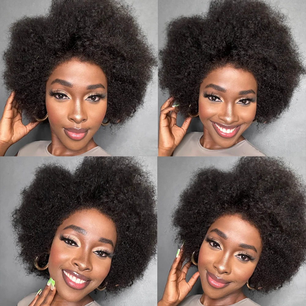 Idoli Hair Side Part Afro Curly Bouncy No Glue Minimalist Lace Wig 100% Human Hair Natural Black Color Bob Wig Human Hair