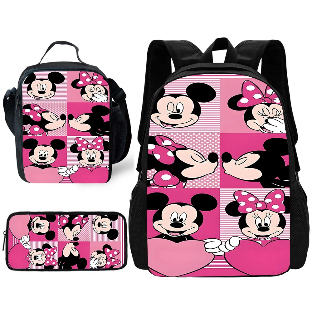 Cute couple Mickey Minnie 3 pcs set Child School Backpack with Lunch Bags ,Pencil Bags ,School Bags for Boys Girls Best Gift