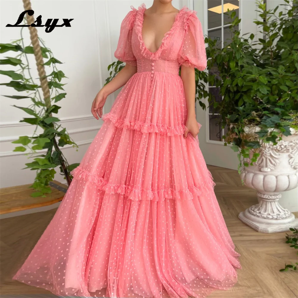 LSYX V Neck Short Sleeves Pastrol Evening Dress Heart Shape Tulle A-line Ruffles Tiered Prom Dress Floor Length