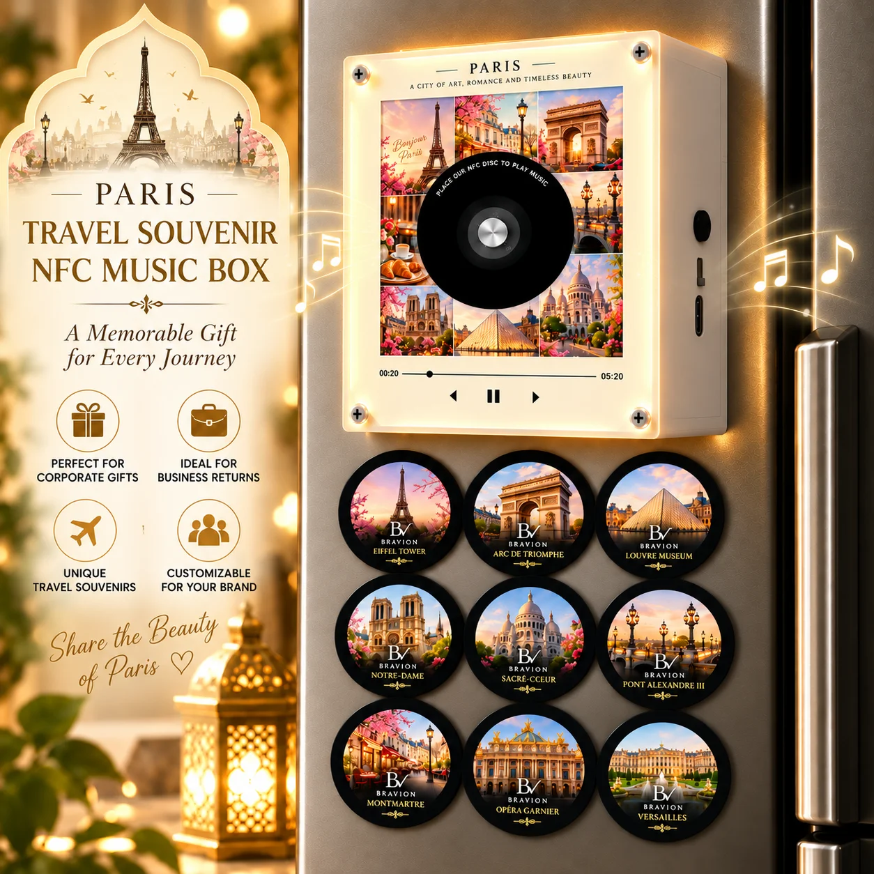 BRAVION NFC MUSIC FRIDGE MAGNET Custom Landmark Architecture Rotating DISC Light up Travel Souvenir Tourist Gift Set Speaker