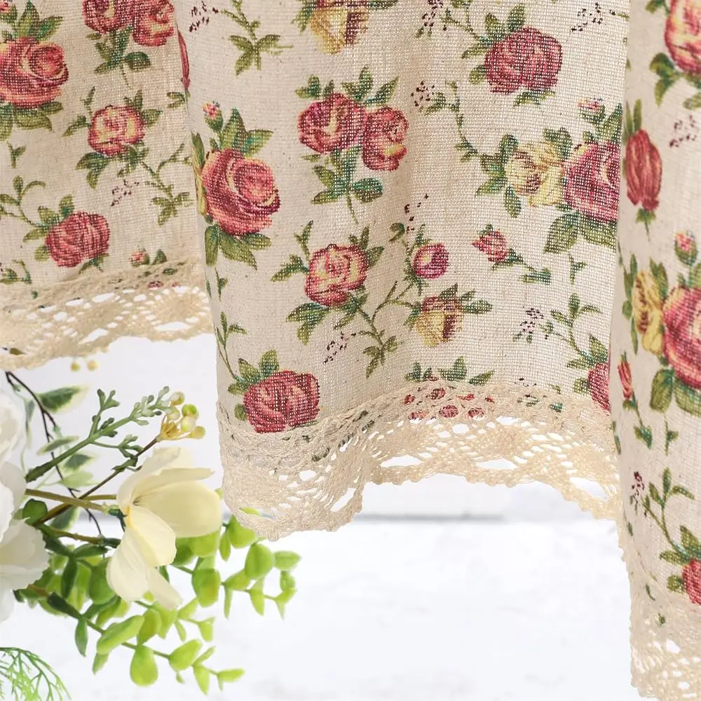 

Elegant Red Roses Ain French Farmhouse Style Cotton Linen Drapes With Lace Edging Living Room Balcony Decoration Beige 56"" W X