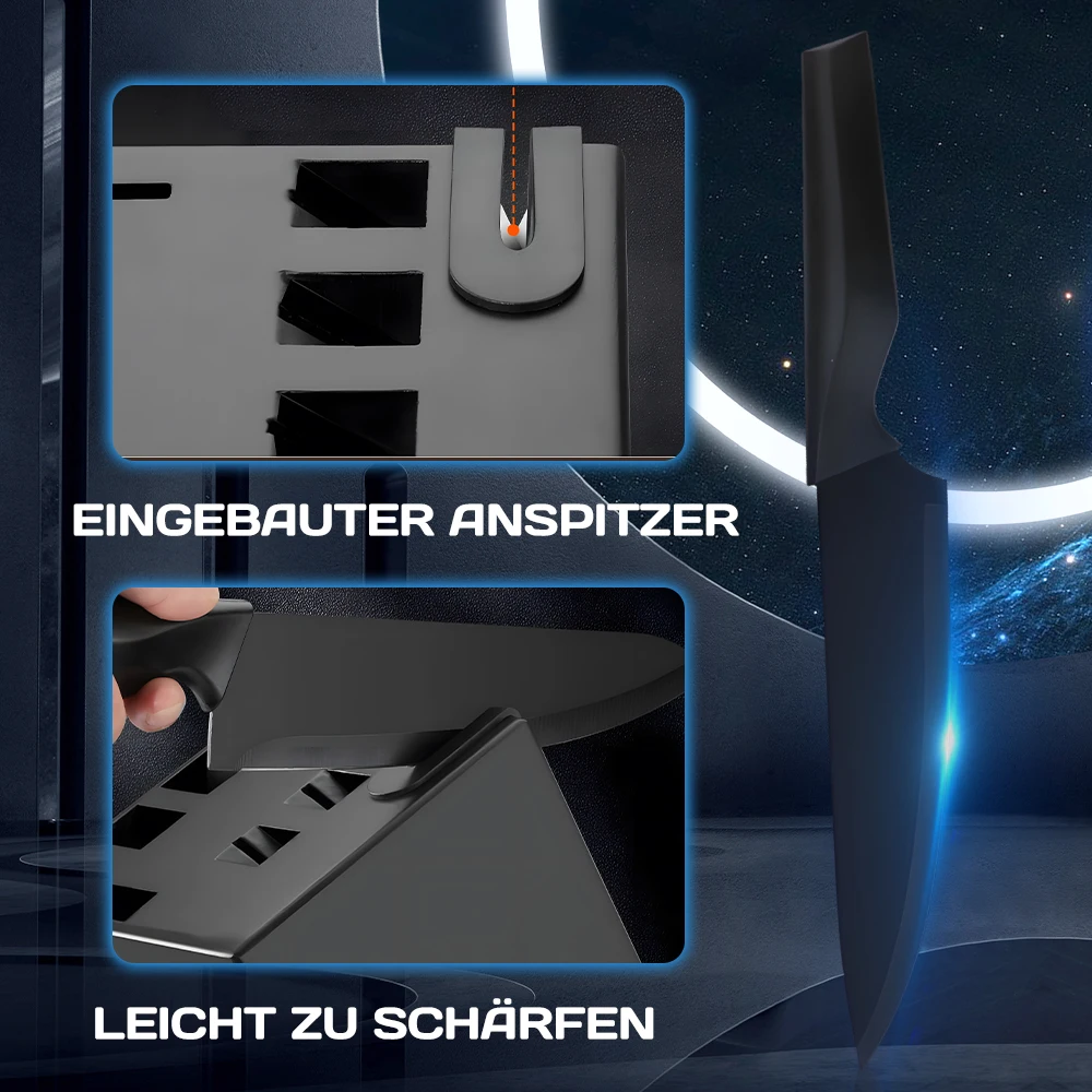 14-teiliges schwarzes Antihaft-Küchenmesserset aus hochwertigem Kohlenstoffstahl mit Kochmesser, Brotmesser, Allzweckmesser, Schälmesser, Messerblock und integriertem Messerschärfer sowie Küchenschere – Detail 10