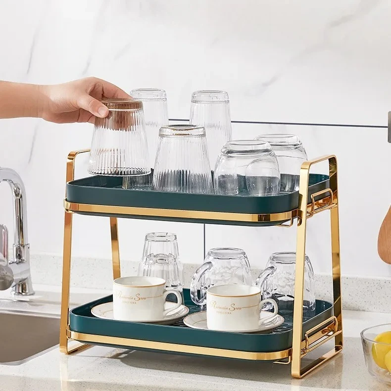 

Double-layer Metal Cups Holder Cups Storage Shelf Tabletop Dishes Cups Storage Drainage Kitchen Organizer Two Colors