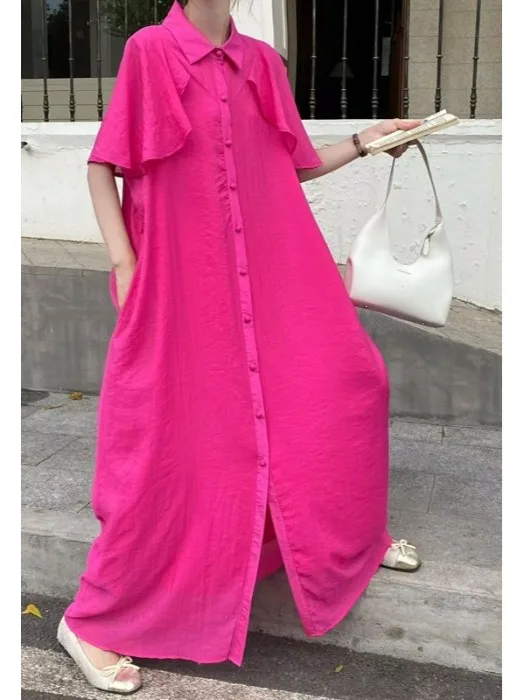 Ele Pure Color Overknee Long Dr Damen Plus Size Single Button Turn-Down-Kragen ort Sve Schlankheits irt Dr Su...