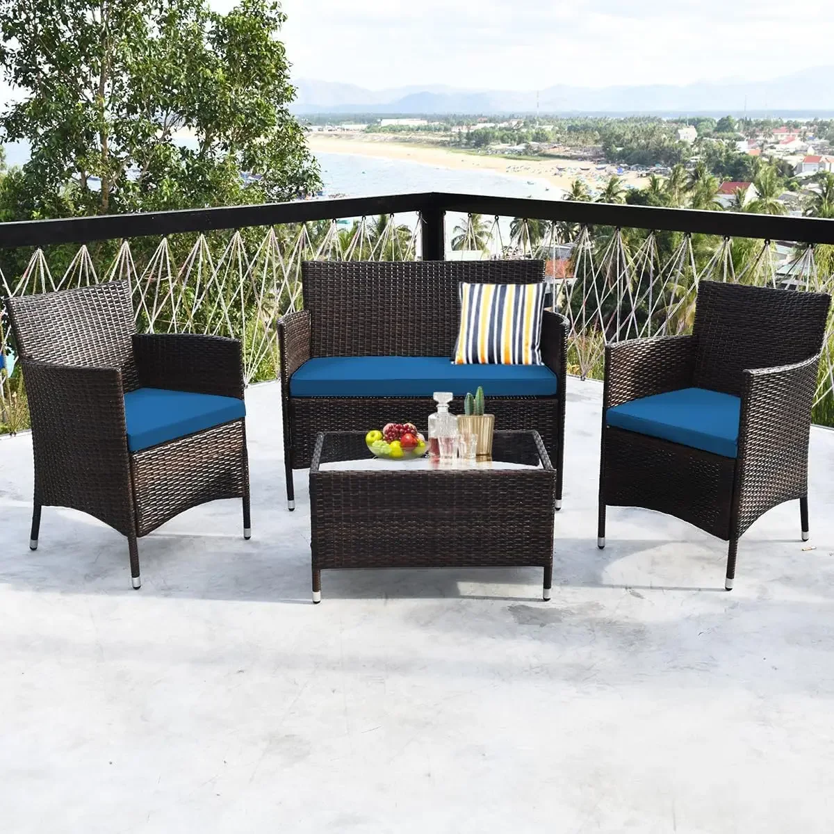 Set da 4 pezzi per Patio, Set da conversazione in vimini per esterni per cortile, Set di mobili in Rattan con tavolino da caffè in vetro temperato e cuscino morbido