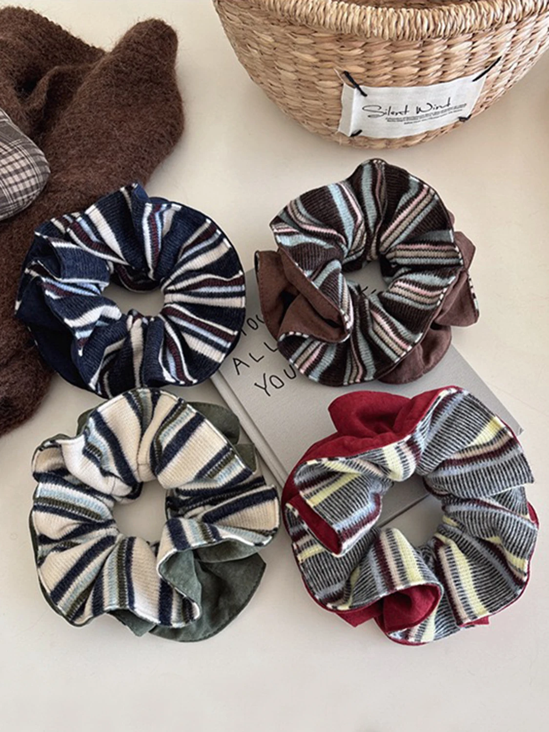 Осенне-зимняя двухслойная резинка для волос AB, двухцветная тканевая резинка для волос, универсальная повязка на голову в корейском стиле для пониний или булочек