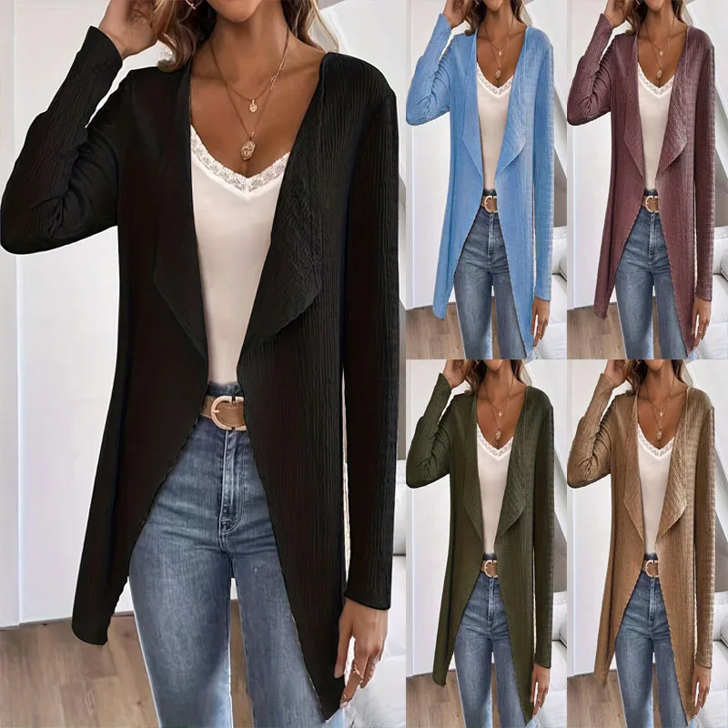 

New Winter Long Sleeve Cardigan Woman Casual Jackets For Women Elegant Solid Turn Down Outwear 2024 Fashion Cardigan Long Coats