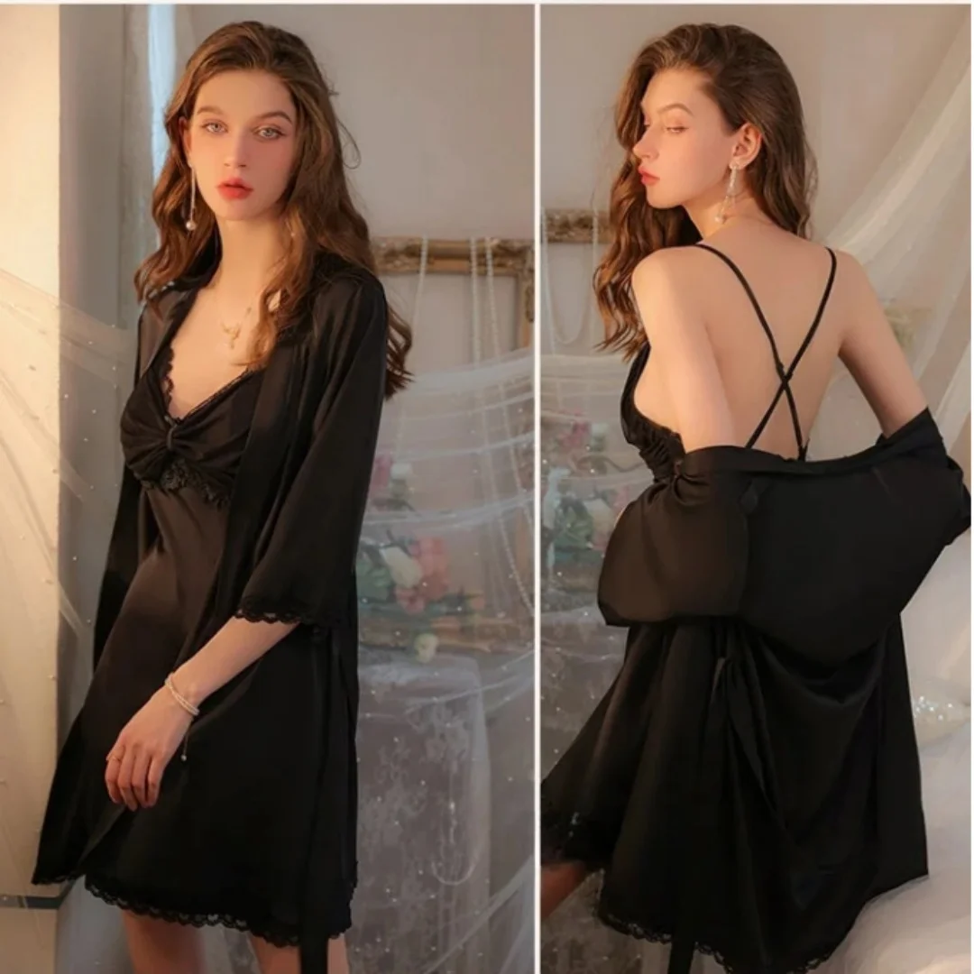 Elegant Lace Satin Nightgown - Sexy Mesh Hem V-neck Home Clothing Female Spaghetti Strap Nightdress&robe Set