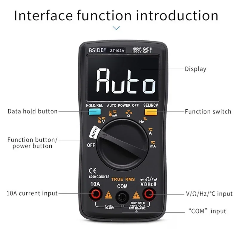 BSIDE ZT102A Digital Multimeter EBTN LCD True-RMS AC/DC Voltage Current Temp Ohm Frequency Diode Resistance Capacitance Tester