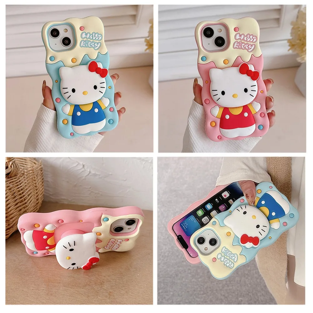 Kawaii Hello Kitty Soft Silicone Case With Holder Cover For iPhone 15 14 13 12 11 Pro Max