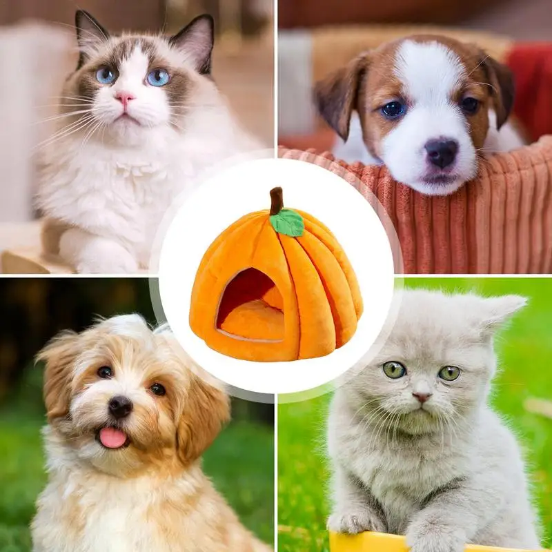 Pumpkin Style Cat Cave Sleeping And Resting Bed Pet Tent Cute Cat House Warm Pet Cave Semi-Enclosed Pumpkin Shape Pet Bed